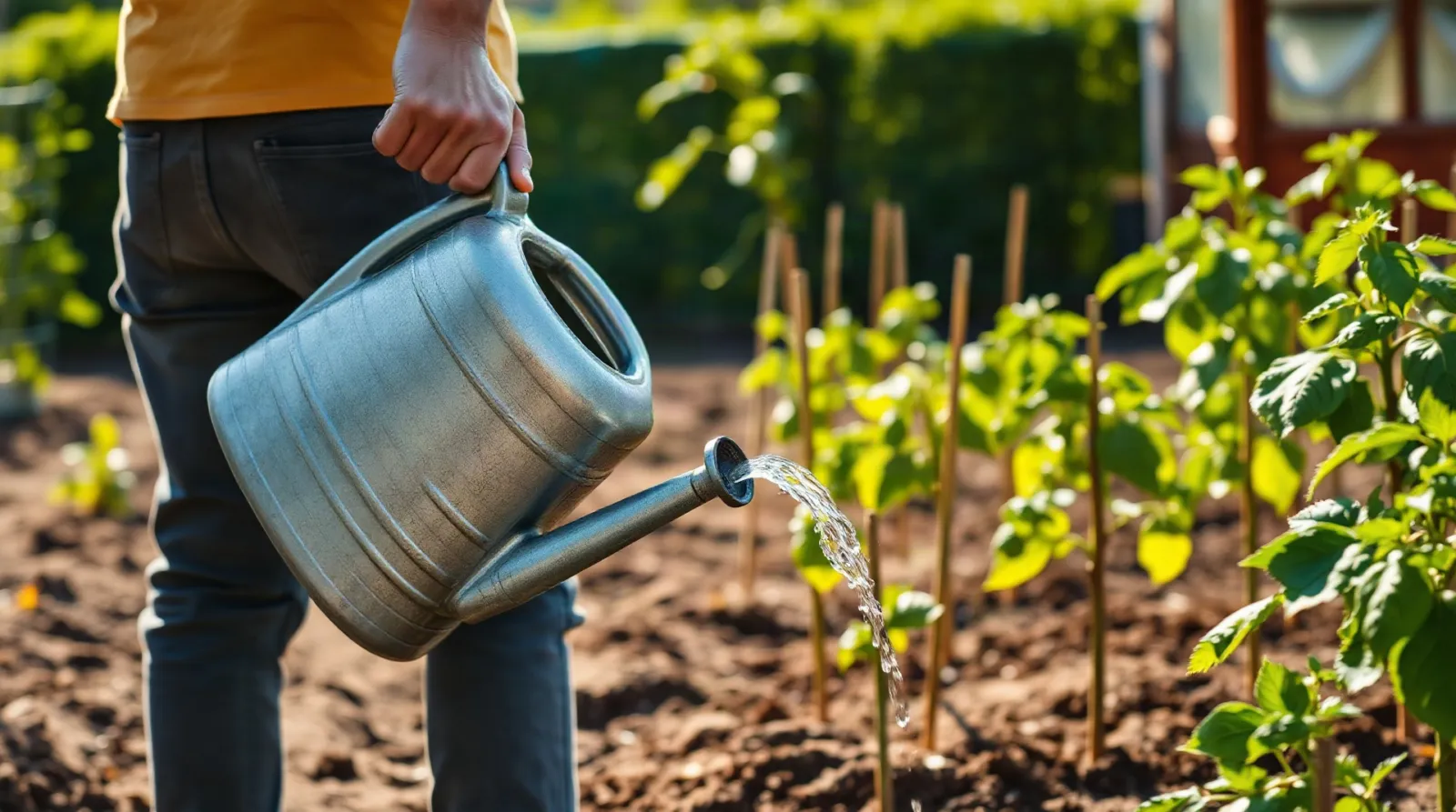 Application du purin d'ortie dilué sur des plants de tomates