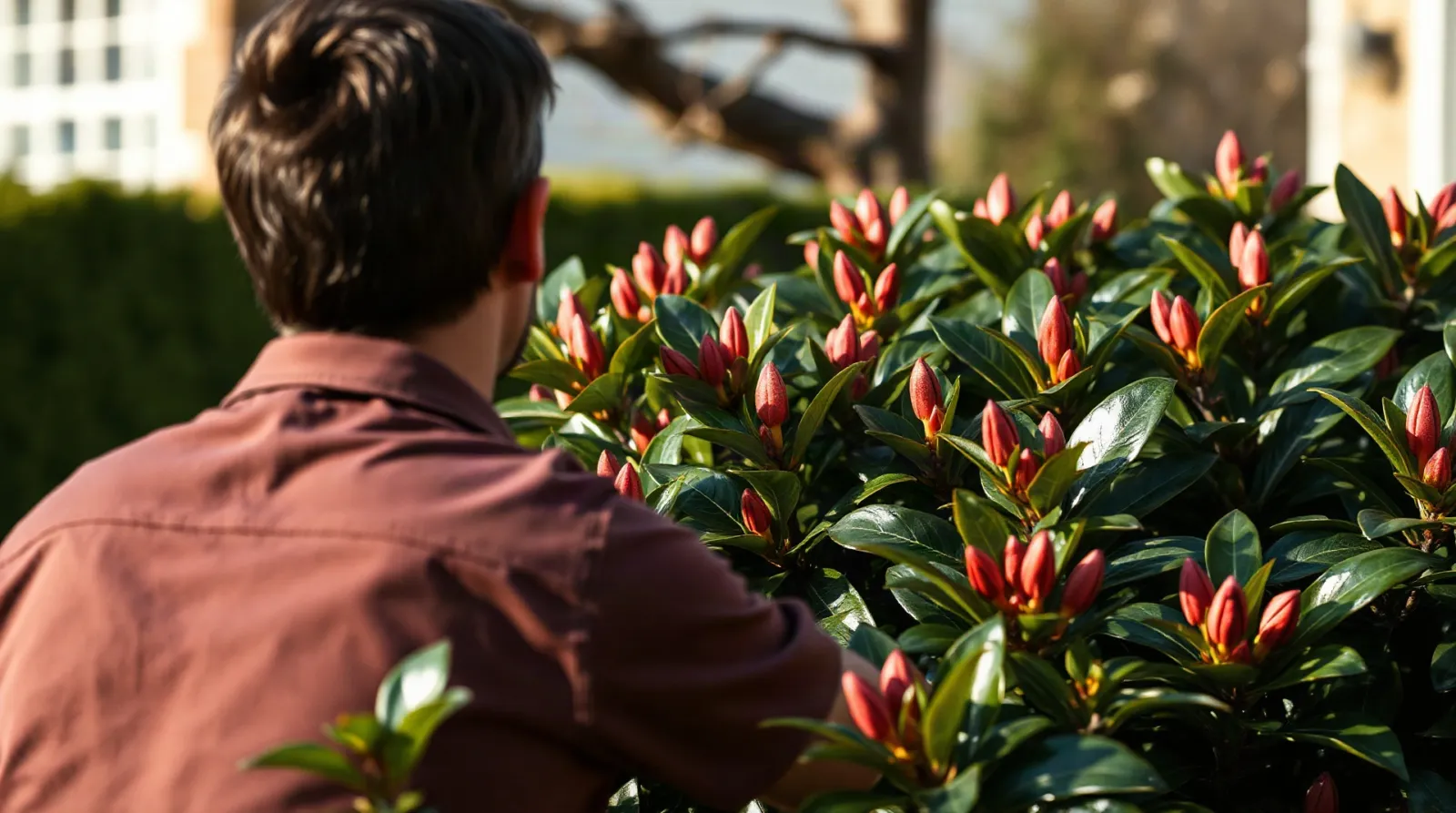 Feuillage rouge vif des jeunes pousses de photinia Red Robin au printemps