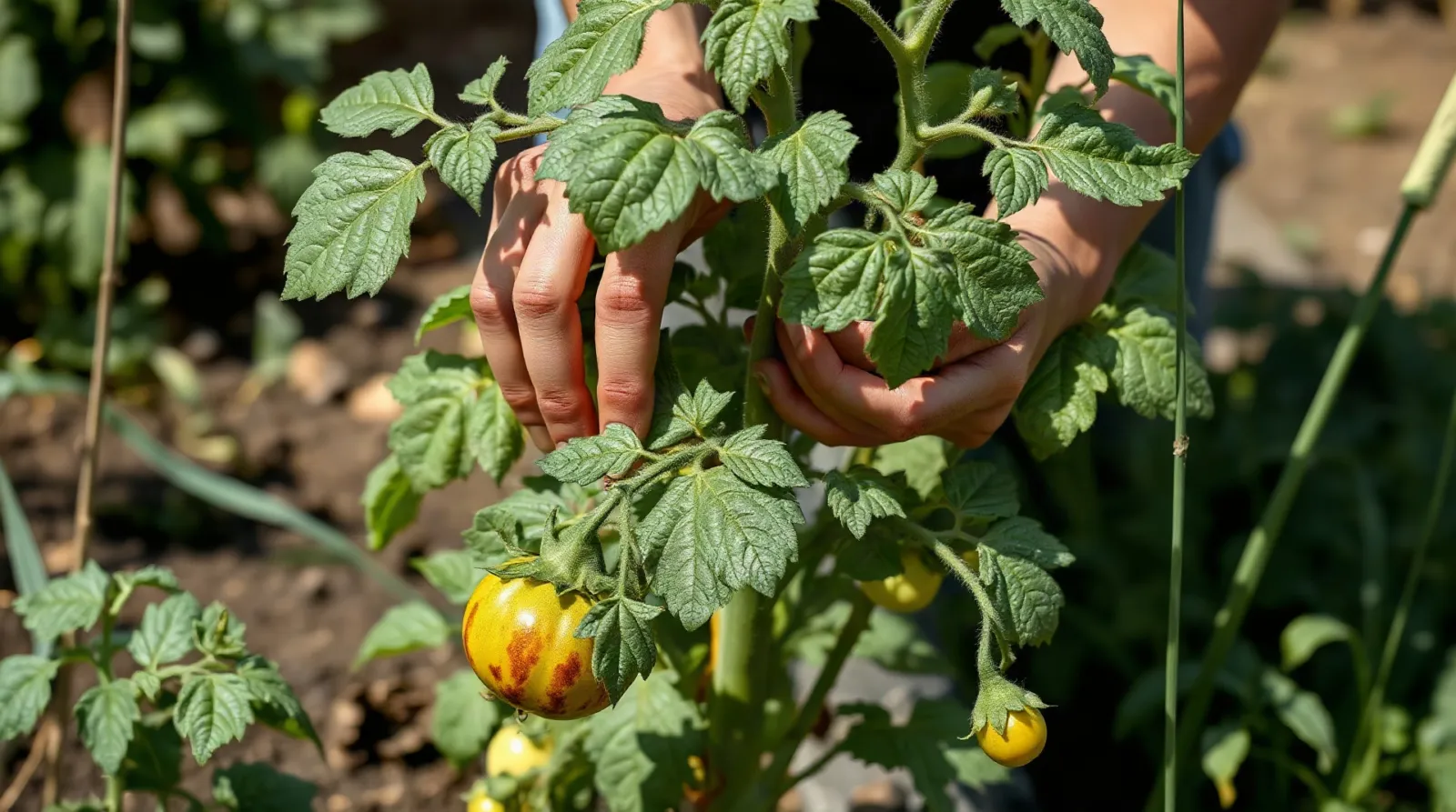 Feuilles de tomate atteintes de mildiou au jardin