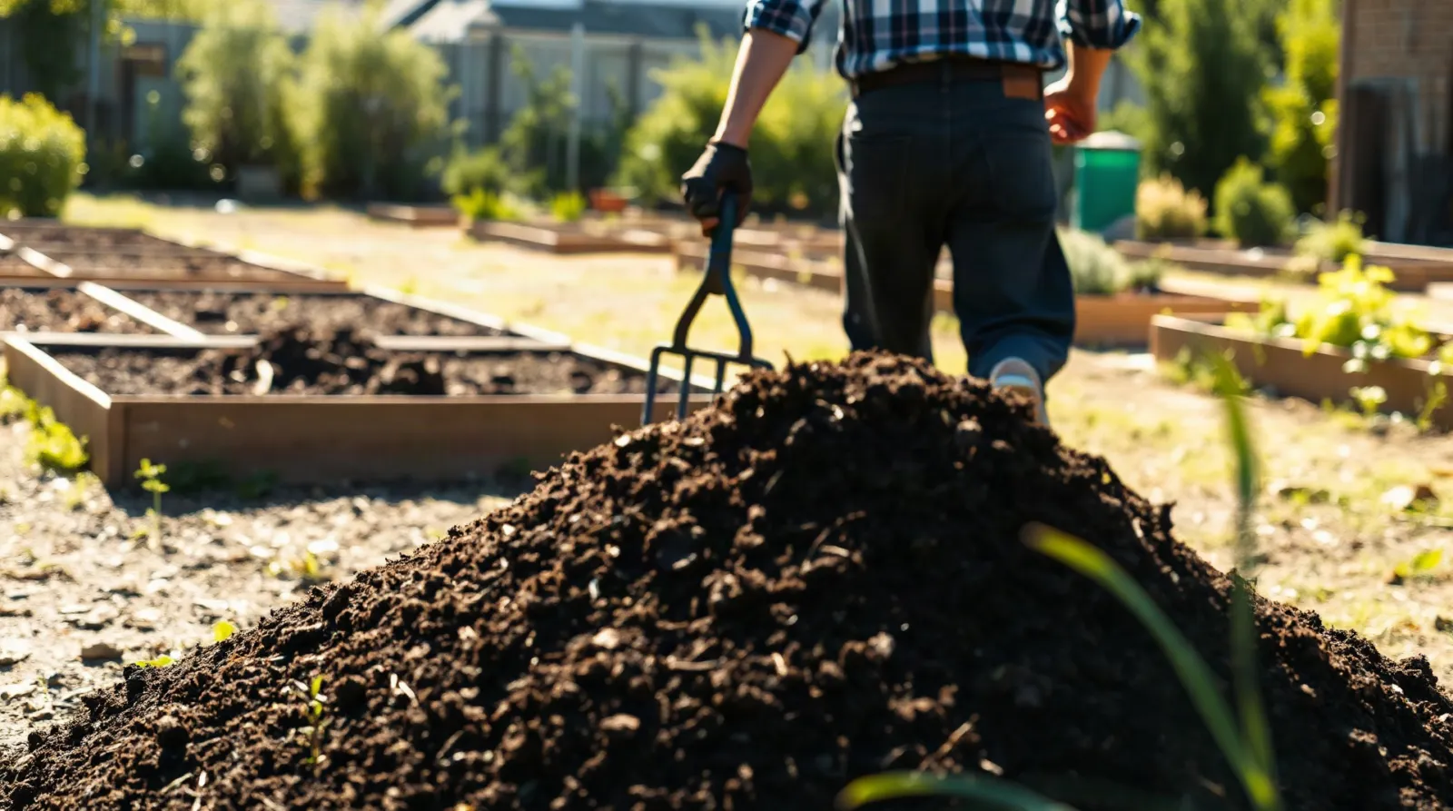Jardiner retournant un tas de compost classique