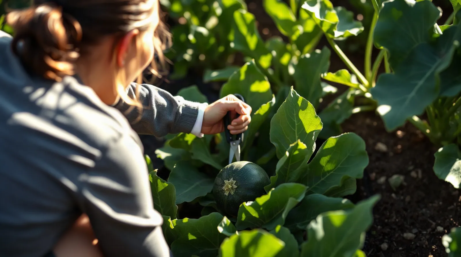 Jardinière récoltant une courgette ronde au sécateur