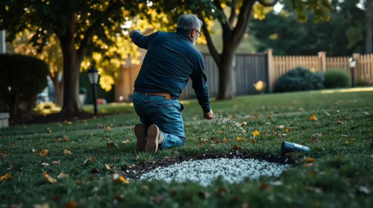 Jardinier semant des graines de gazon sur une pelouse abîmée en automne
