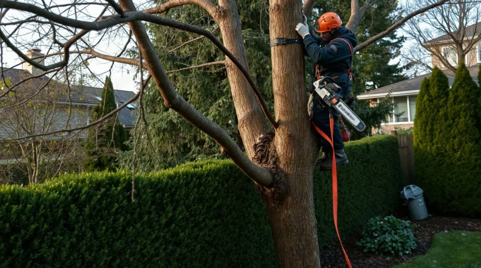 Élagueur professionnel en action dans un grand arbre au-dessus d'une haie