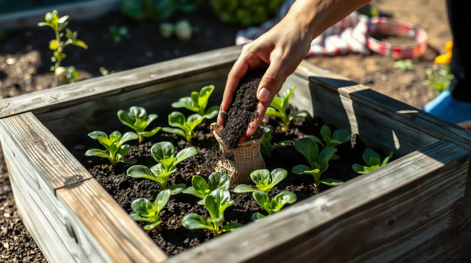 Main qui répand du marc de café autour de jeunes plants de légumes