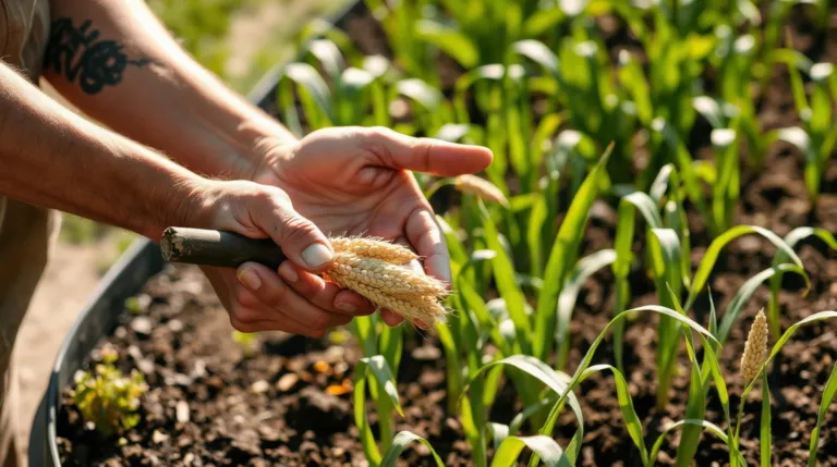 Mains d'un jardinier semant des graines en rangs dans un potager ensoleillé au printemps
