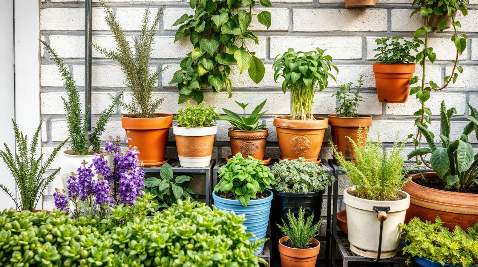 Mur végétalisé avec pots et herbes aromatiques dans un jardin compact