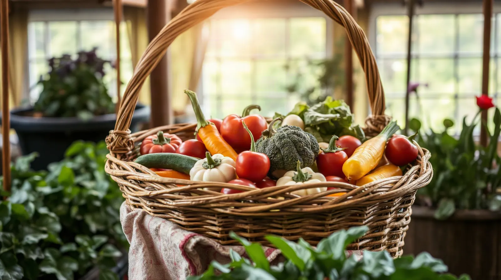 Panier en osier rempli de légumes fraîchement cueillis dans un potager
