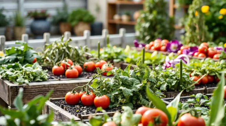 Petit potager rectangulaire de 20 m² avec rangées de tomates et salades en plein été