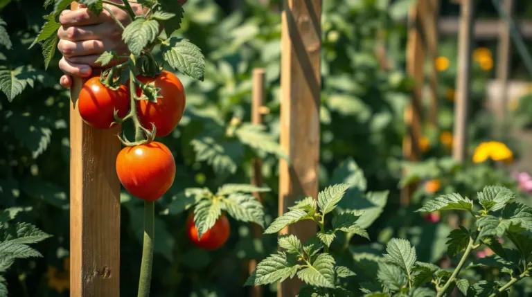 Plants de tomates cœur de bœuf tuteurés au potager