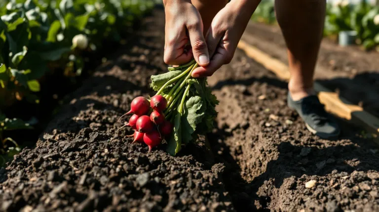 Récolte de radis de 18 jours dans un potager ensoleillé