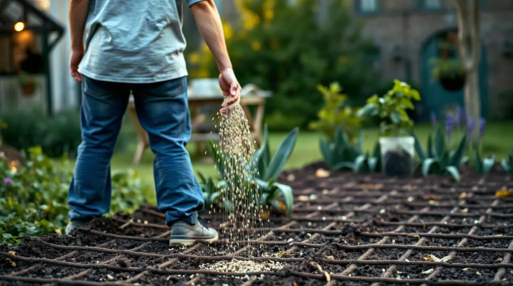 Semis de phacélie à la volée sur une planche de potager