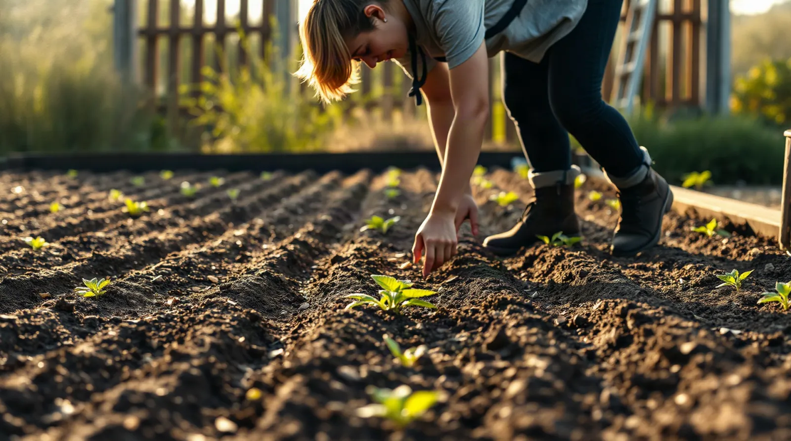 Semis de radis en lignes régulières dans une planche de jardin
