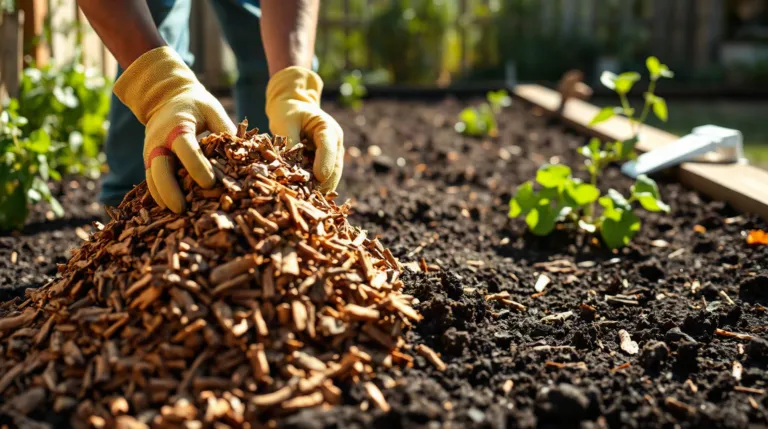 Tas de BRF fraîchement broyé déposé au pied des planches d'un potager