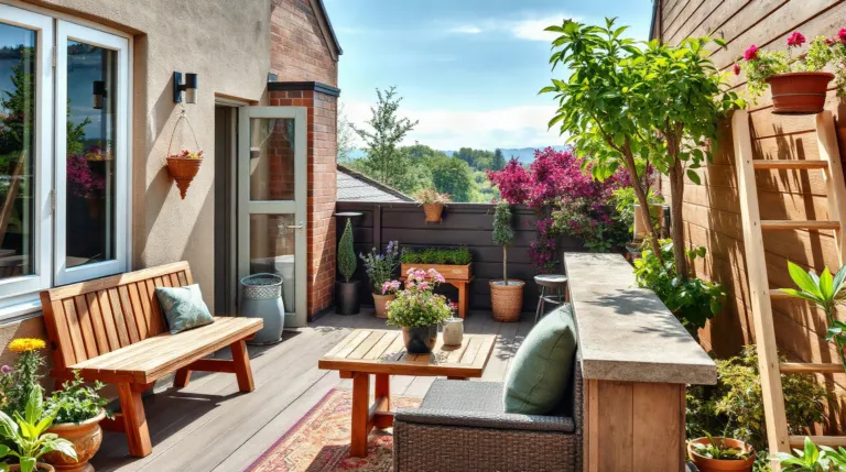 Terrasse de petit jardin aménagée avec plantes et mobilier en bois