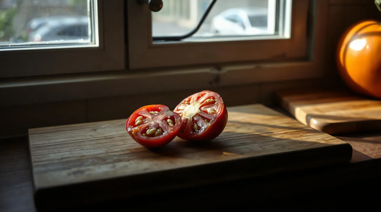 Tomate cœur de bœuf tranchée sur une planche de cuisine