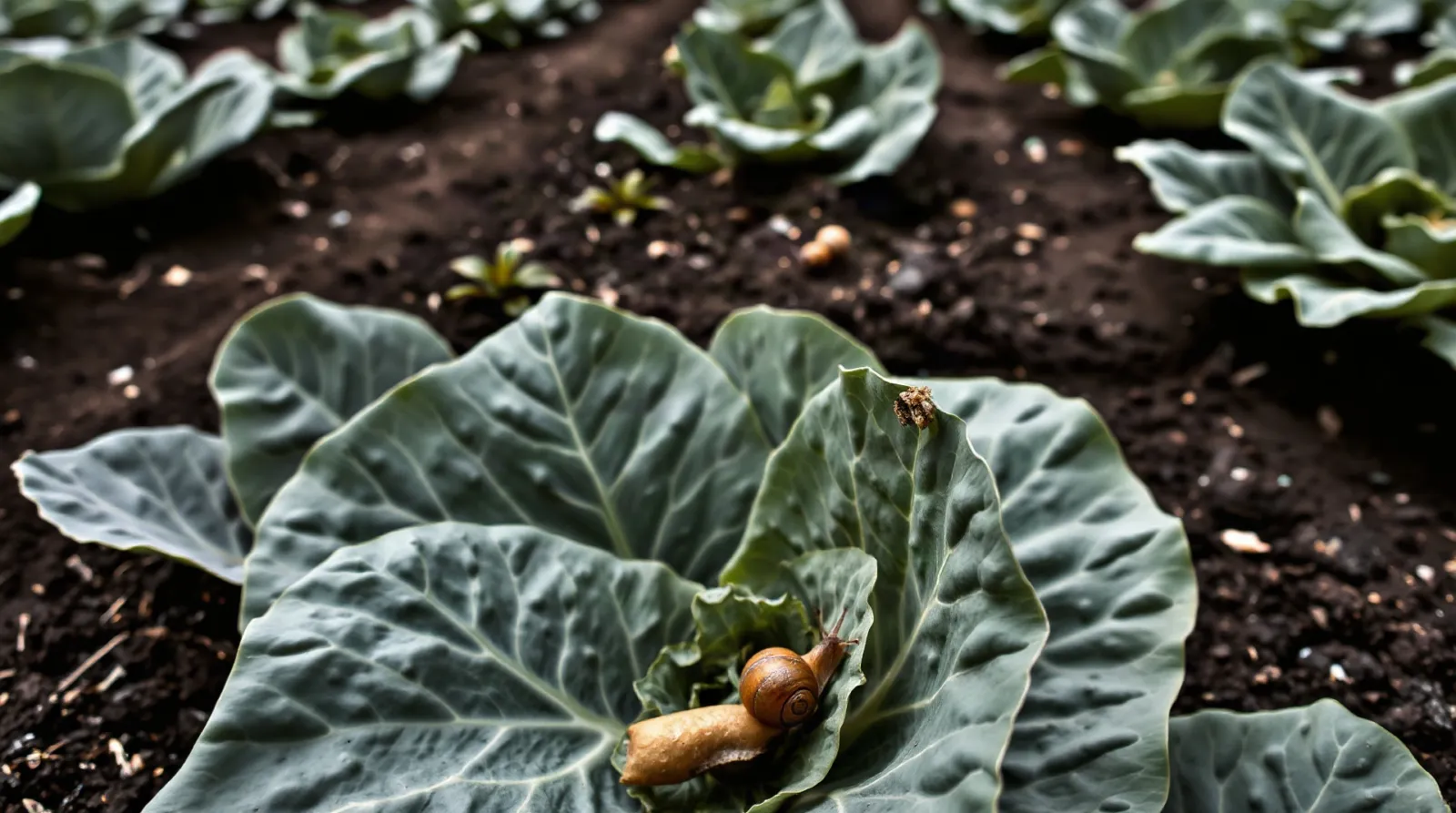 Escargots sur des feuilles de chou dans un potager familial