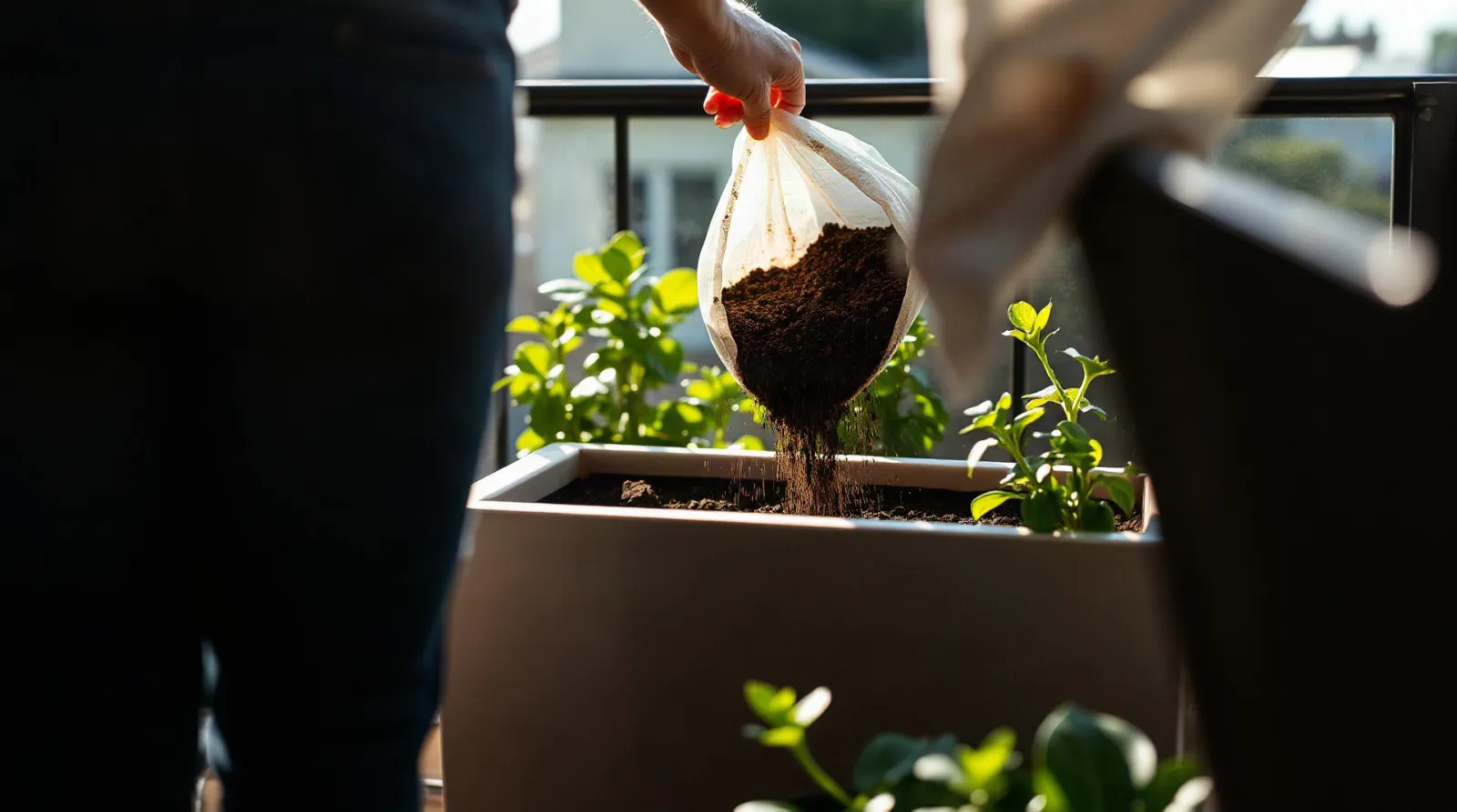Jardinière de 70 litres en cours de remplissage avec de la terre