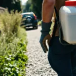 Pulvérisateur à dos posé sur une allée gravillonnée envahie de mauvaises herbes