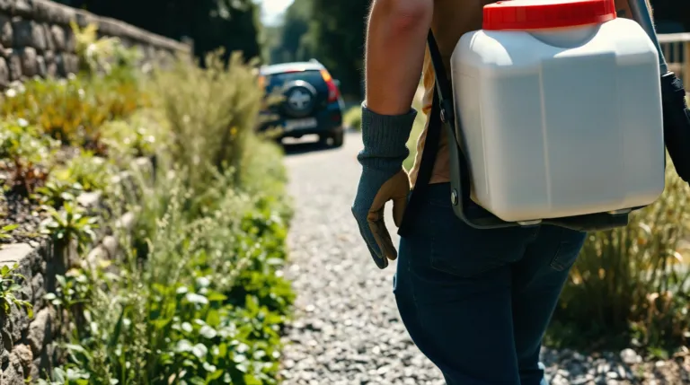 Pulvérisateur à dos posé sur une allée gravillonnée envahie de mauvaises herbes