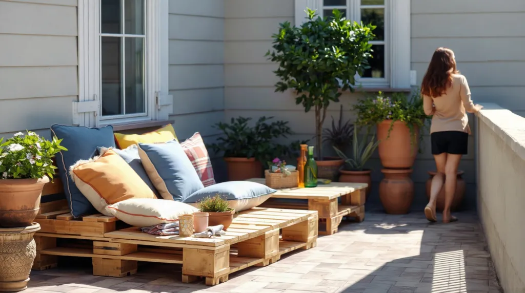 Salon de jardin en palettes sur terrasse