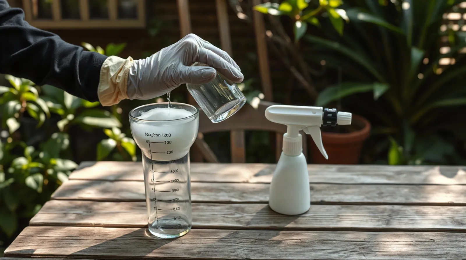Verre doseur gradué rempli d'herbicide liquide posé sur un établi de jardin